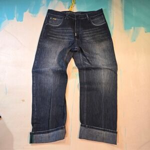 VTG Y2K LRG M 38x34 Jeans Dark Blue Starched Denimcore Cuffed Baggy Whiskers USA